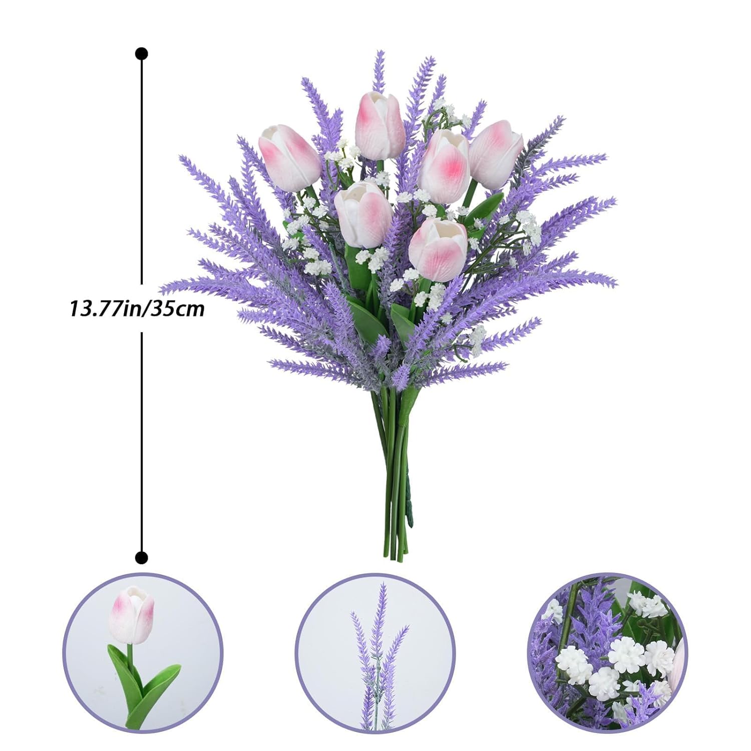 9Pcs Tulips Artificial Flowers 13" Faux Floral Arrangements Mixed Purple Lavender Bouquet Realistic Fake Flowers For Vase Table Centerpiece Kitchen Gifts Home Room Office Wedding Decoration Light Pink