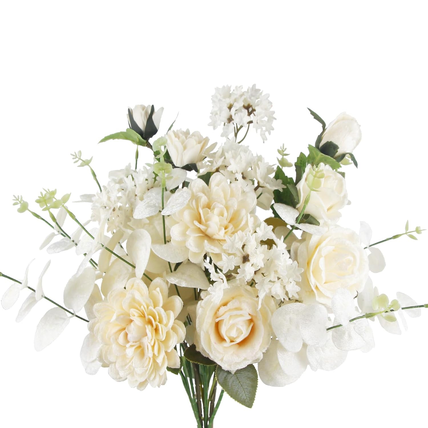 2 Pcs Artificial Flowers Roses Silk Dahlias Flowers Wedding Bouquet White Faux Spring Summer Flowers For Wedding Floral Arrangament Table Centerpieces Indoor Vase Home Cemetery Grave Decor