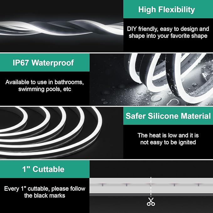32.8ft White LED Neon Rope Lights 6000K Dimmable Waterproof Flexible Strip Lights Indoor Outdoor