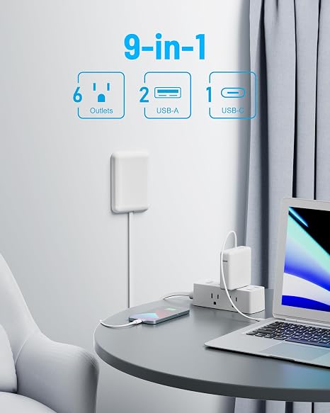 Flat Plug Power Strip 6 Outlets 3 USB Ports 1 USB C 5FT Extension Cord Hidden Outlet Extender