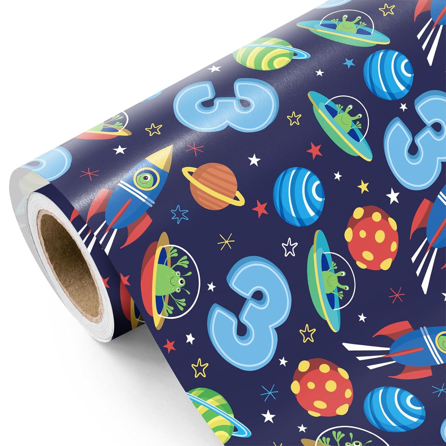 3Rd Birthday Wrapping Paper - Mini Roll - 17 Inch X 16.5 Feet - 3Rd Birthday And Rocket Space Wrapping Paper Perfect For Boys Kids Girls, Baby Shower