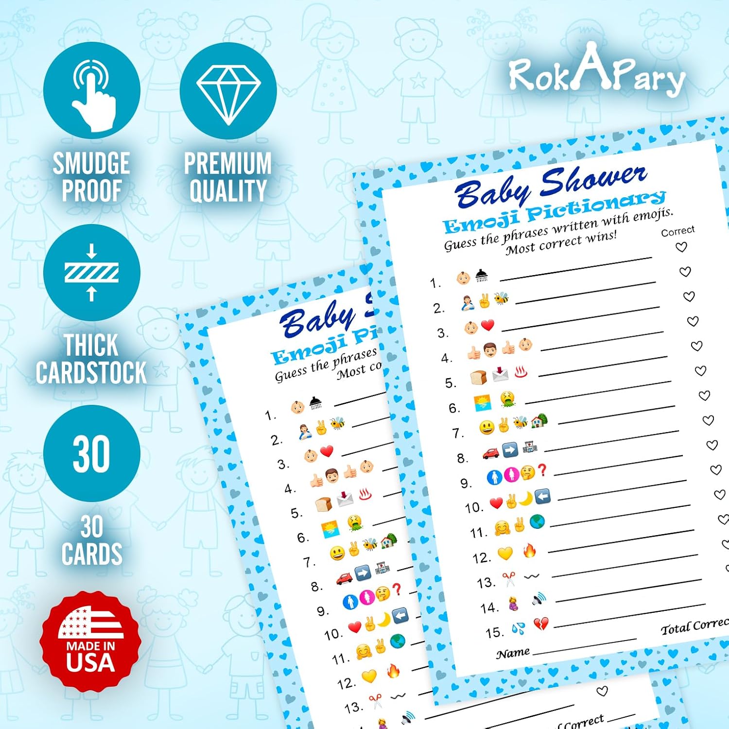 Baby Shower Emoji Pictionary Game, Blue For Boy, Baby Shower And Sprinkle Party Ideas, Play Pack Of 30 Cards 5”X7”. Made In Usa
