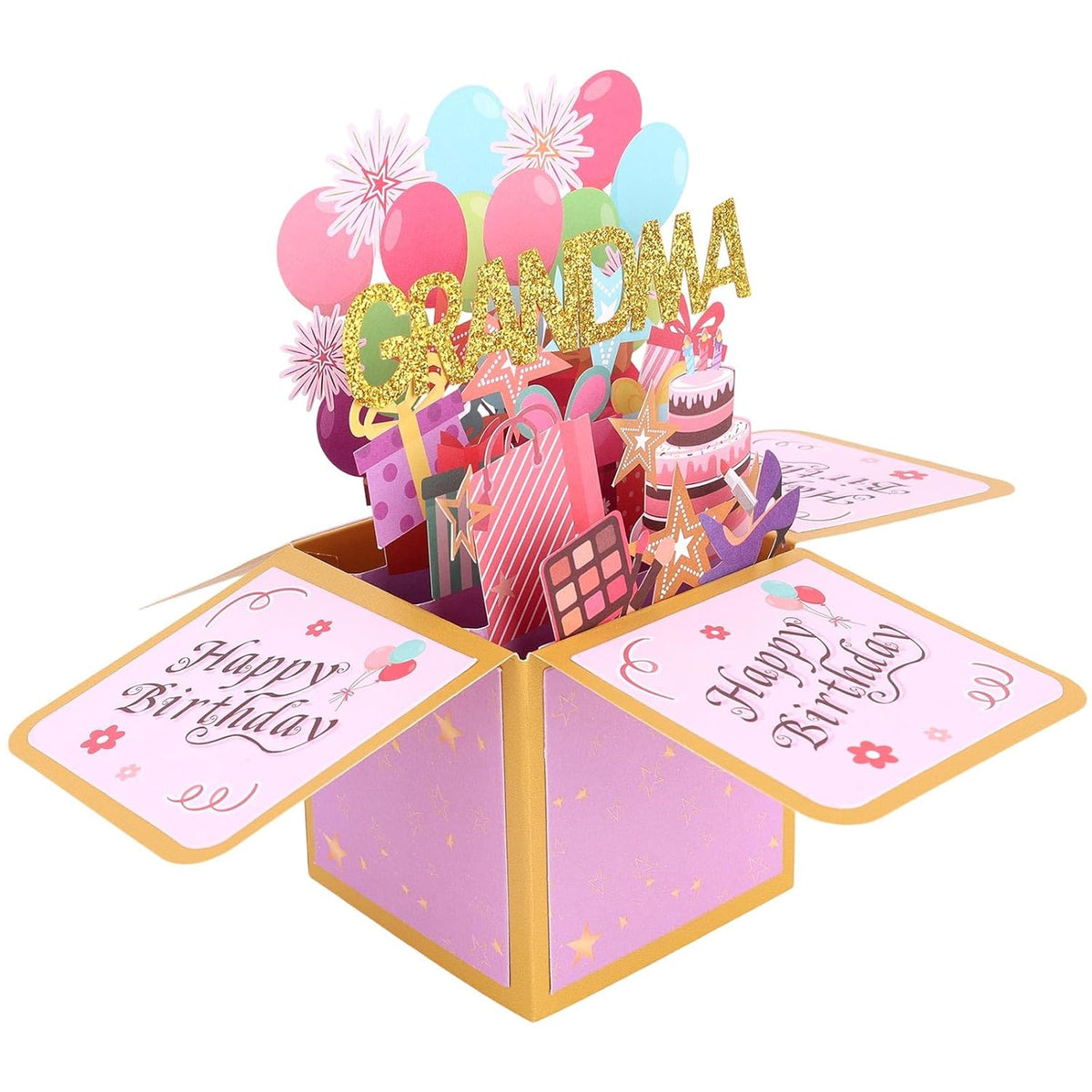 Happy Birthday Pop Up Card For Grandma, Colorful Balloons & Fireworks 3D Birthday Greeting Card With Envelope For Grandmother From Family, Creative Gift