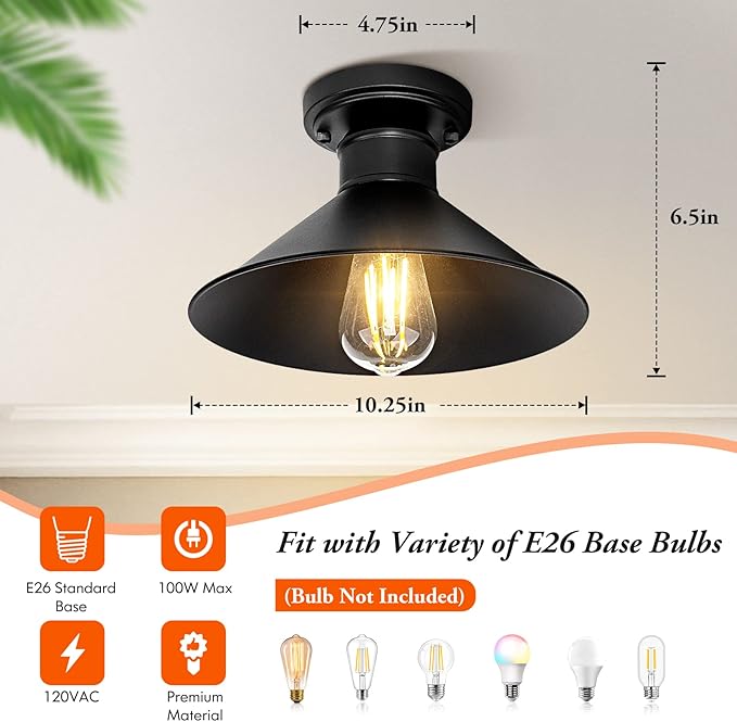 2 Pack Industrial Semi Flush Mount Ceiling Lights Matte Black Farmhouse Fixtures