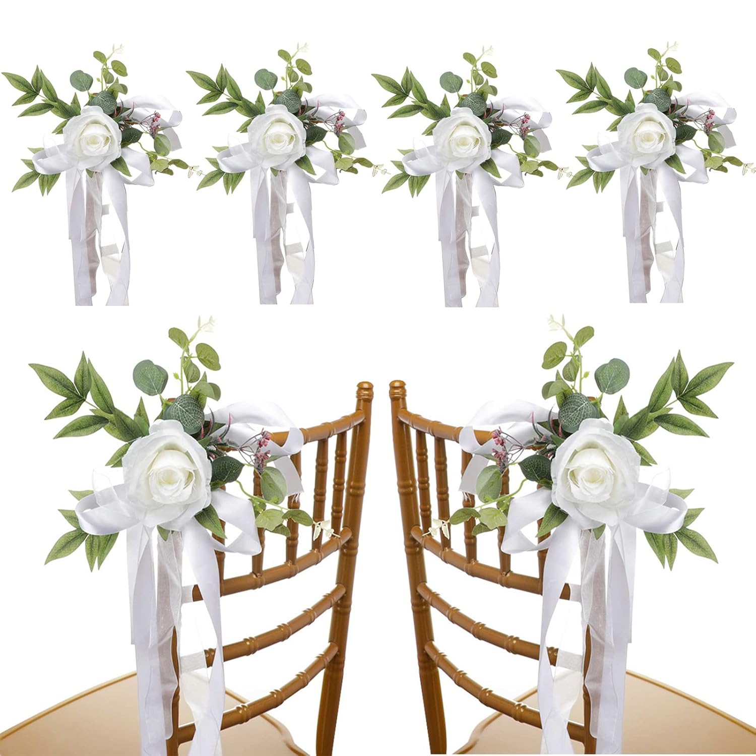 Fqqwee 6Pcs Wedding Aisle Chair Decorations White Rose Floral Wedding Chair Back Flowers With Leaves And Ribbons Church Chair Bench Pew Flowers For Wedding Ceremony Decor …, 10.11X10.62 Inch