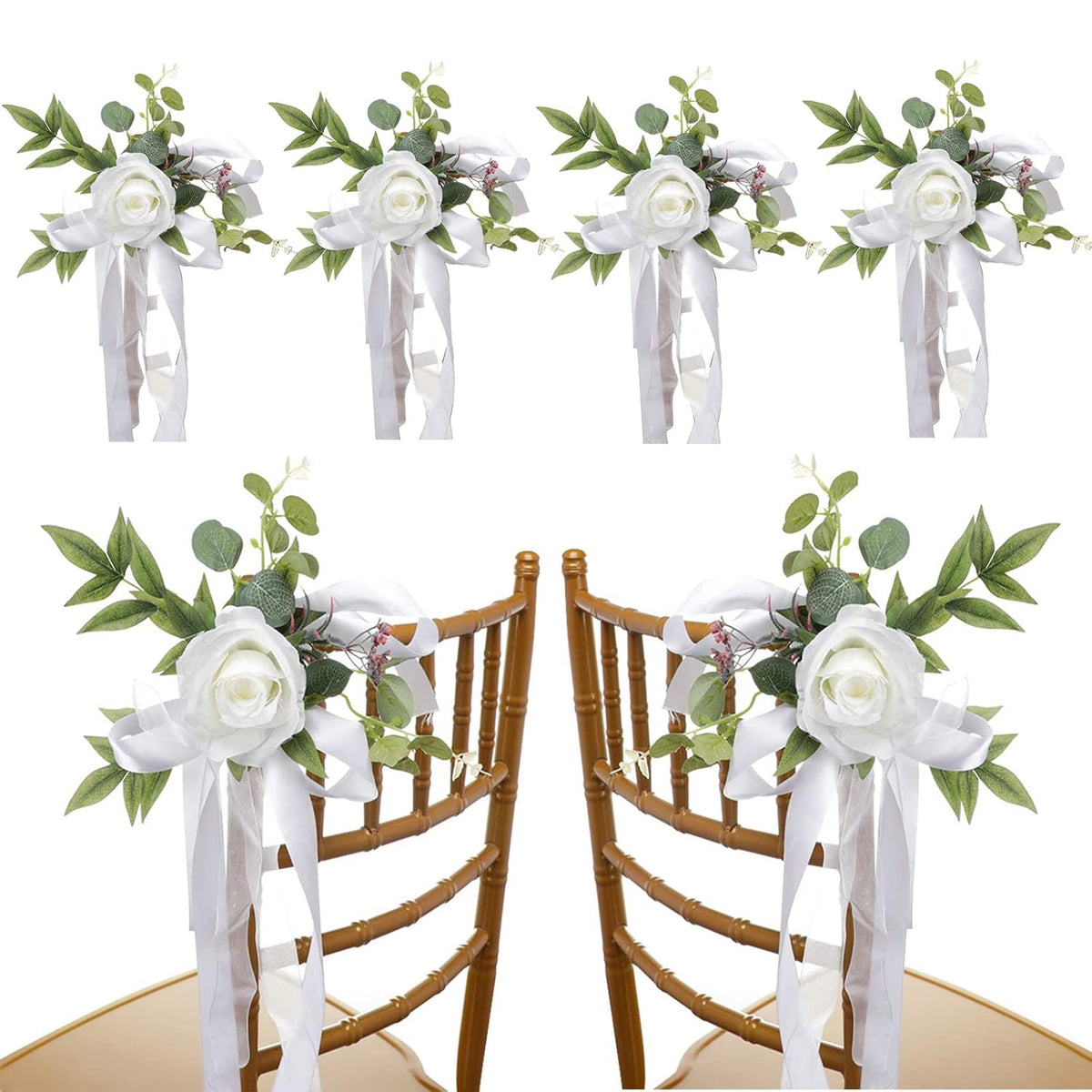 Fqqwee 6Pcs Wedding Aisle Chair Decorations White Rose Floral Wedding Chair Back Flowers With Leaves And Ribbons Church Chair Bench Pew Flowers For Wedding Ceremony Decor …, 10.11X10.62 Inch