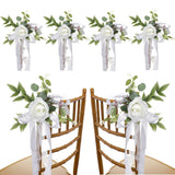 Fqqwee 6Pcs Wedding Aisle Chair Decorations White Rose Floral Wedding Chair Back Flowers With Leaves And Ribbons Church Chair Bench Pew Flowers For Wedding Ceremony Decor …, 10.11X10.62 Inch
