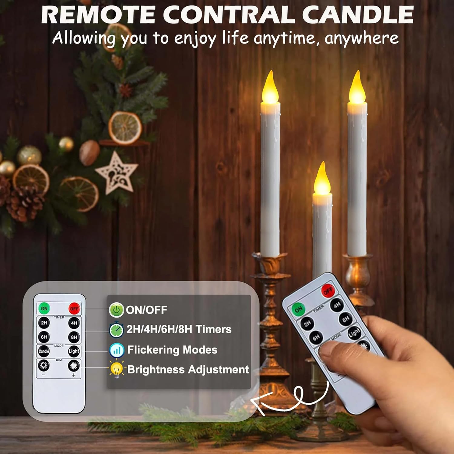 Christmas Window Candles - 9.3In Flameless Taper Candles With Suction Cups Flickering Timer For Halloween Christmas Wedding Home Decor Candlesticks Fireplace (6Pcs-Silvery)