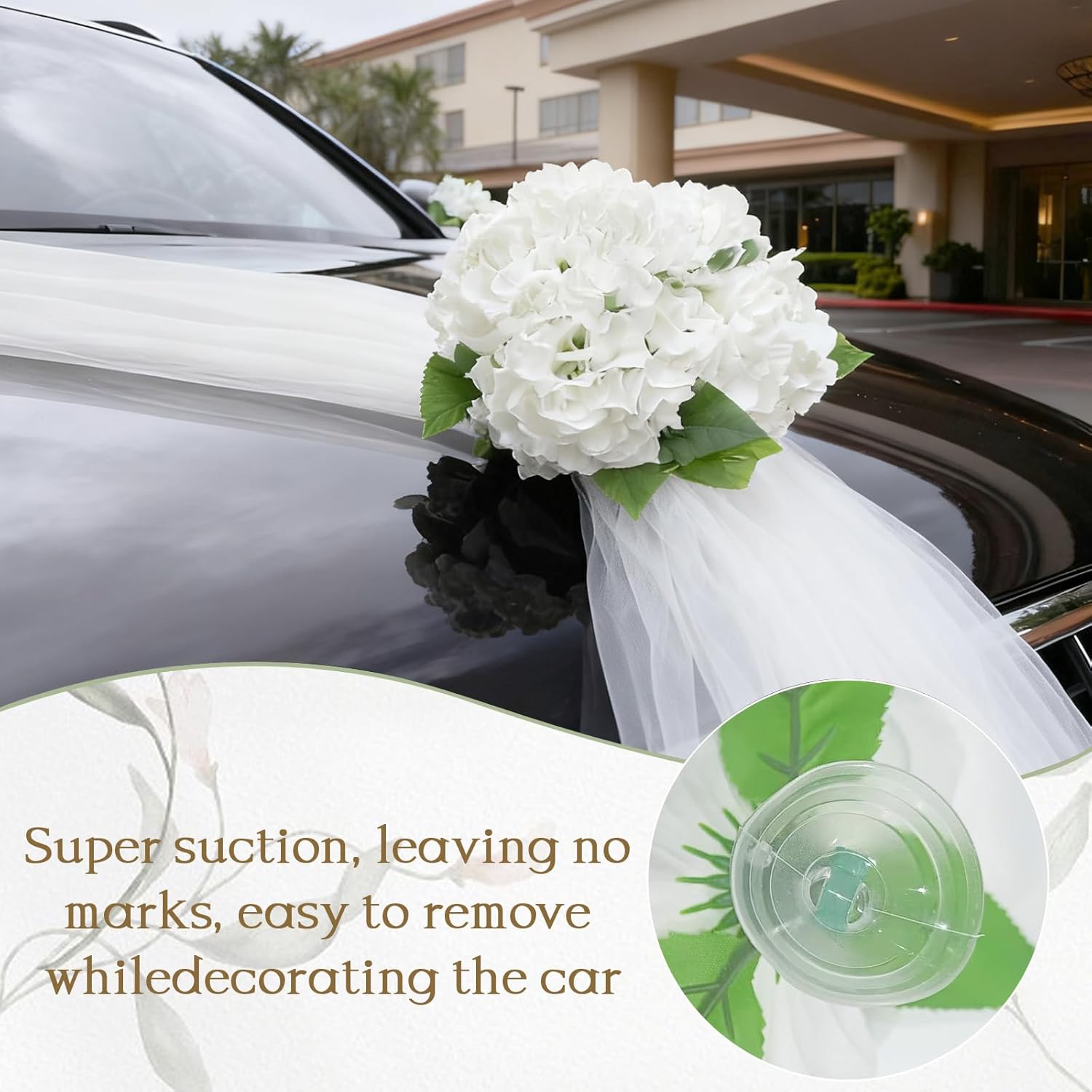 Wedding Car Decoration With White Satin Ribbons & Artificial Flowers – Just Married Vehicle Decor For Bridal Shower, Wedding Ceremony