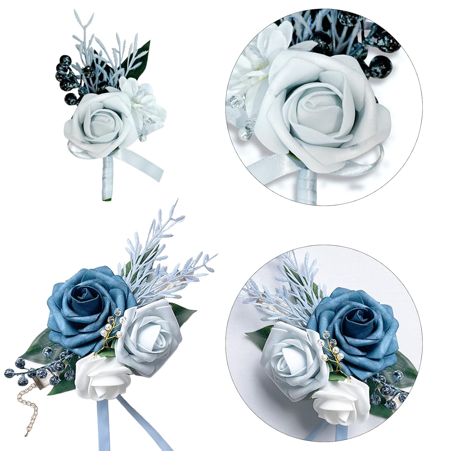 Corsage And Boutonniere Set For Bride Groom Bridesmaids Groomsmen Wedding Prom Elegant Corsage Boutonniere Kit Supplies, Artificial Flowers Suit Accessories (1, Dusty Blue)