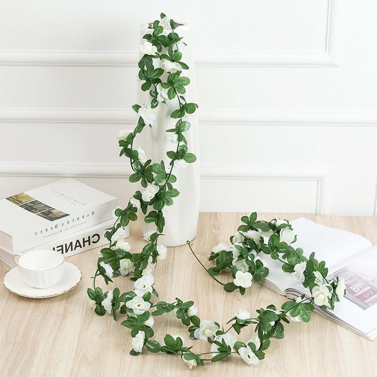 3Pcs Artificial Flowers Spring Flower Garland 23.7Ft Artificial Rose Vine Hanging Decoration For Wedding Wall Arch Party Backdrop (White)