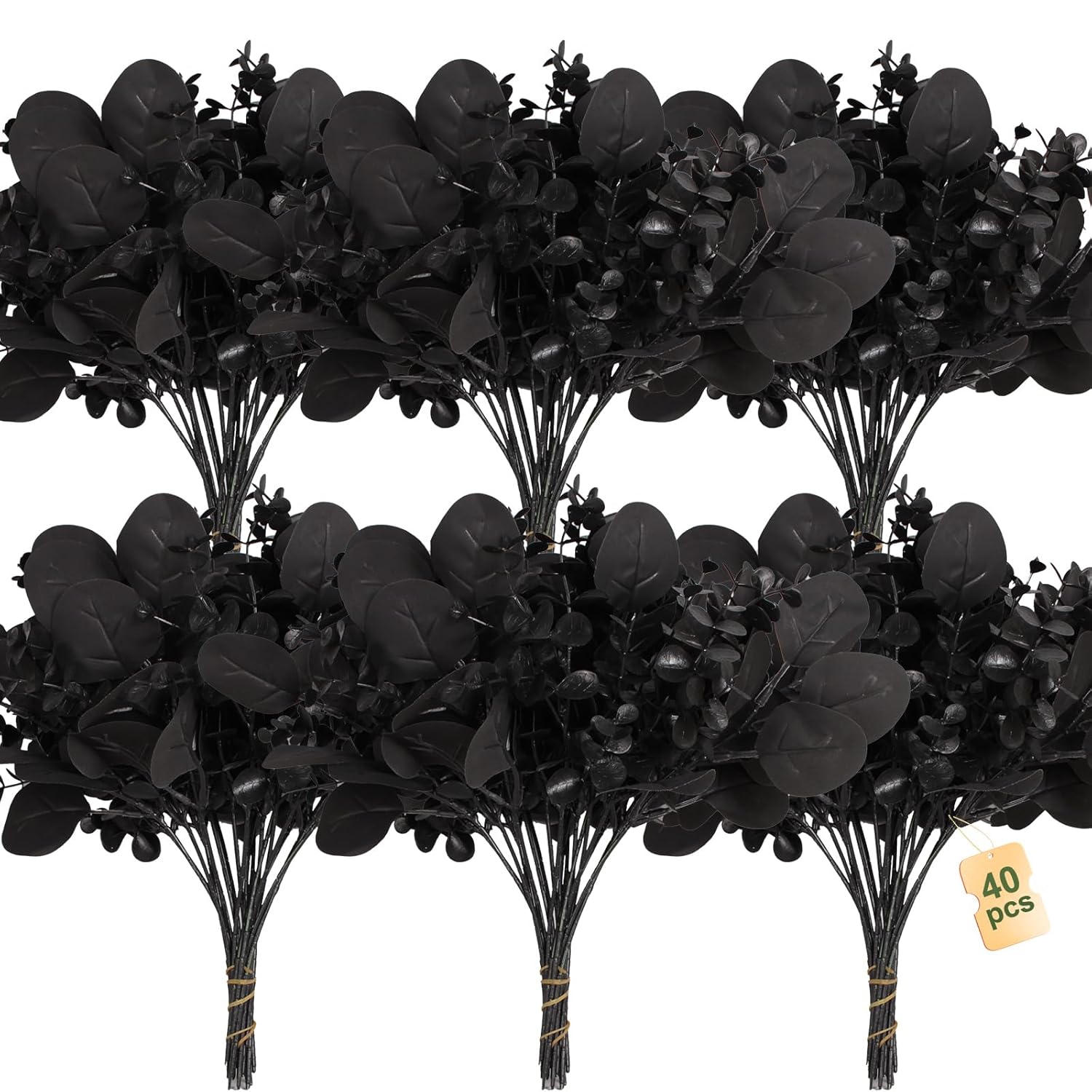 40 Pcs Artificial Black Eucalyptus Stems, Fake Eucalyptus Leaves Branches Bouquet For Flower Arrangement Diy, Black Silk Flowers For Home Halloween Farmhouse Decor