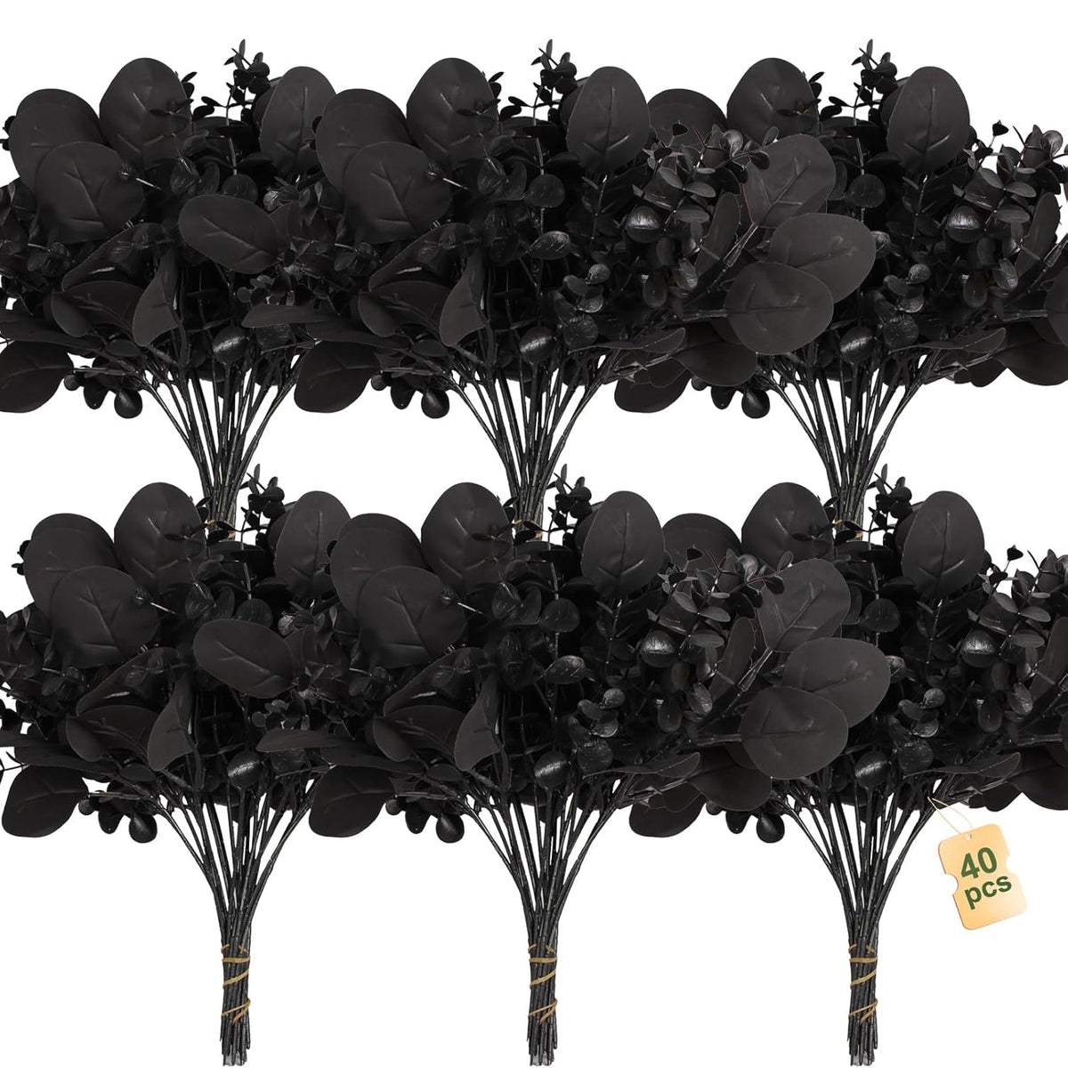 40 Pcs Artificial Black Eucalyptus Stems, Fake Eucalyptus Leaves Branches Bouquet For Flower Arrangement Diy, Black Silk Flowers For Home Halloween Farmhouse Decor