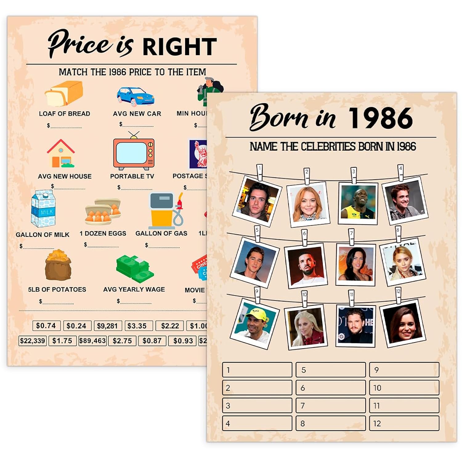 40Th Birthday Party Games, Set Of 2 Activities For 15 Guests, Born In 1986 Games Bundle, Birthday Party Supplies For Adults, Pack Of 30 Cards