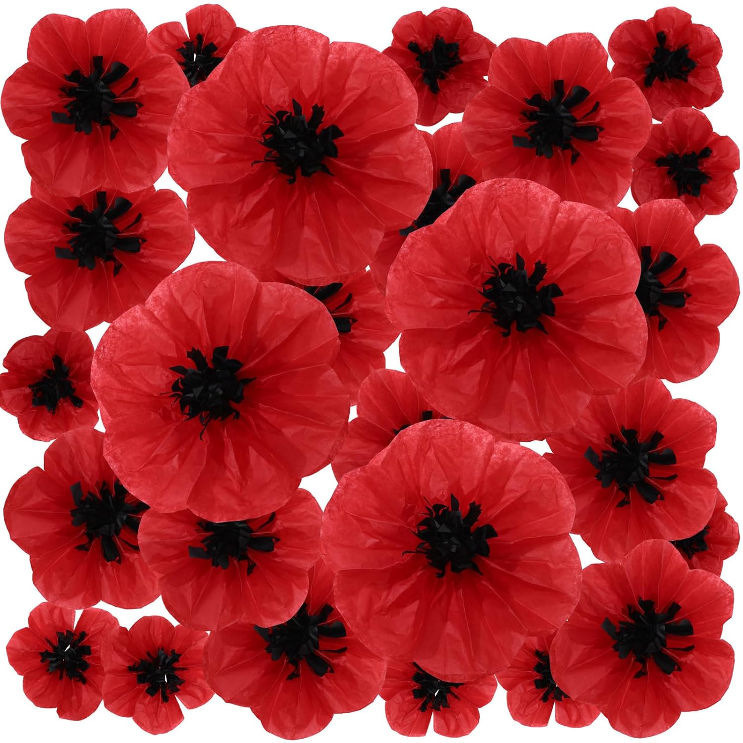 Artificial Red Poppy Flowers Memorial Day Large Poppies Fake Flowers For Halloween Birthday Carnival Back To School Party Backdrop(6,8,12 Inches,30 Pcs)