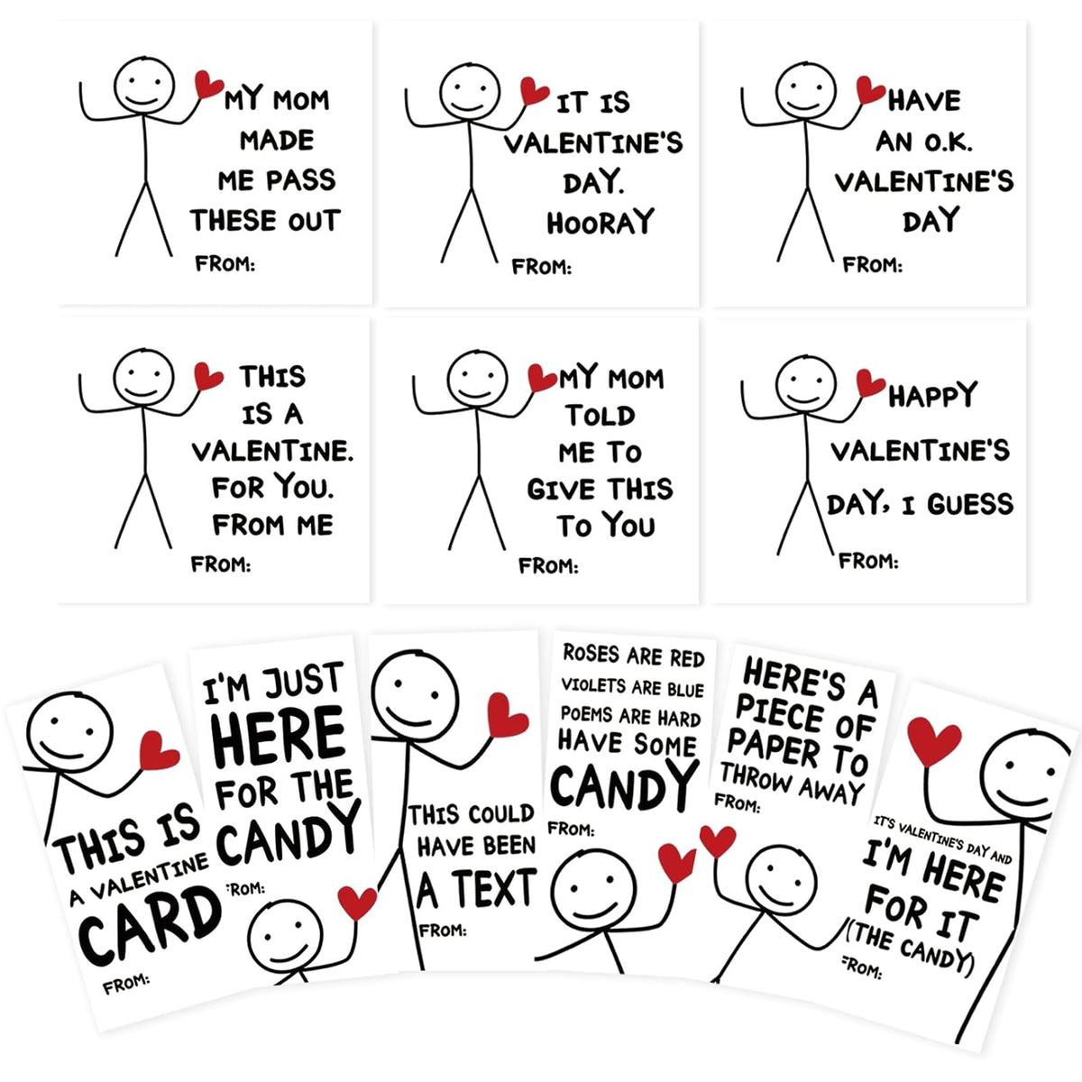 Funny Kids Valentines Day Cards, Humorous Stick Figure Designs, Diy Cut-Outs With Blank Back For Messages – Perfect For School Exchanges, Parties, And Friends