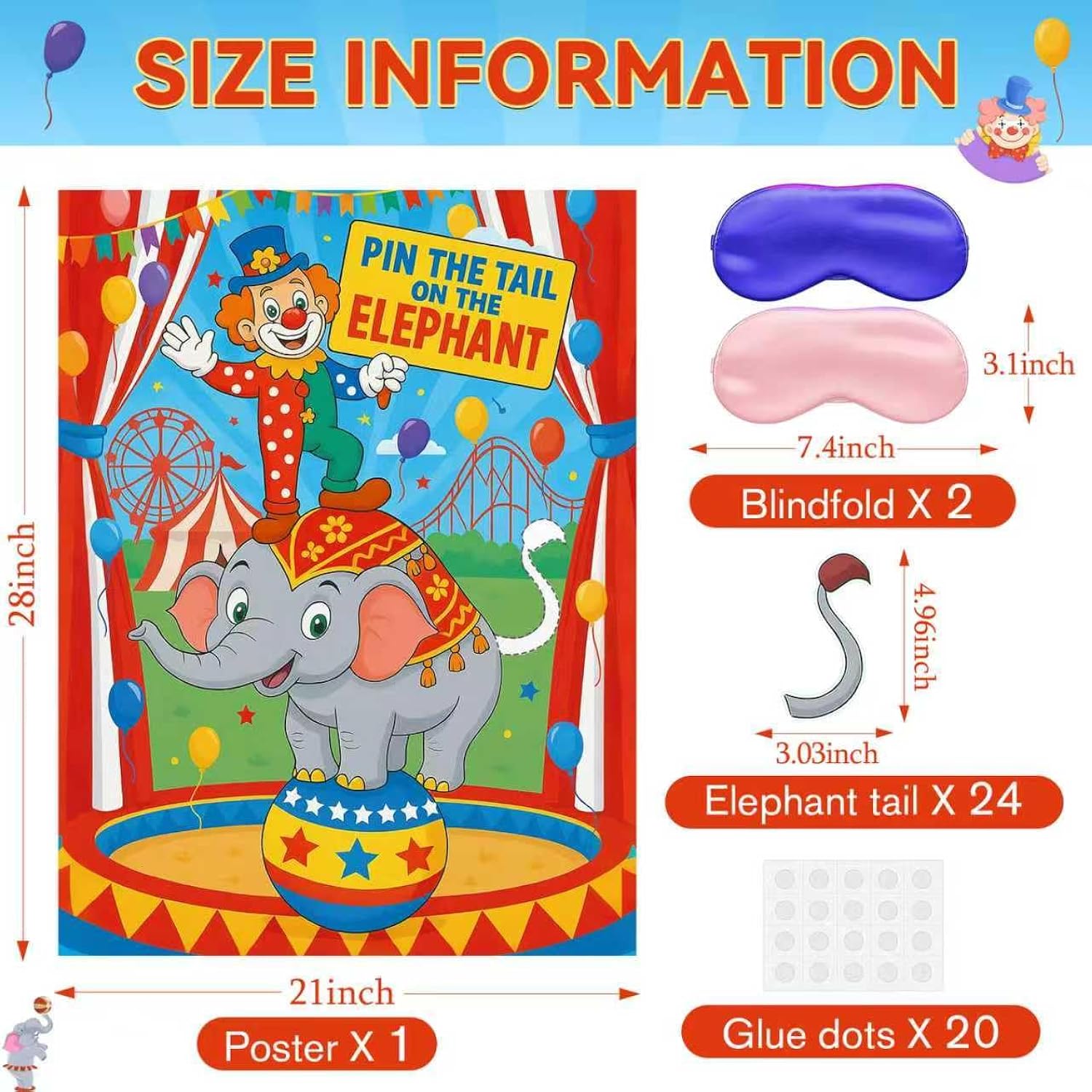 Carnival Circus Party Game: Pin The Stickers On The Elephant Poster With 24 Pcs Stickers And Blindfold For Circus Birthday Party Supplies