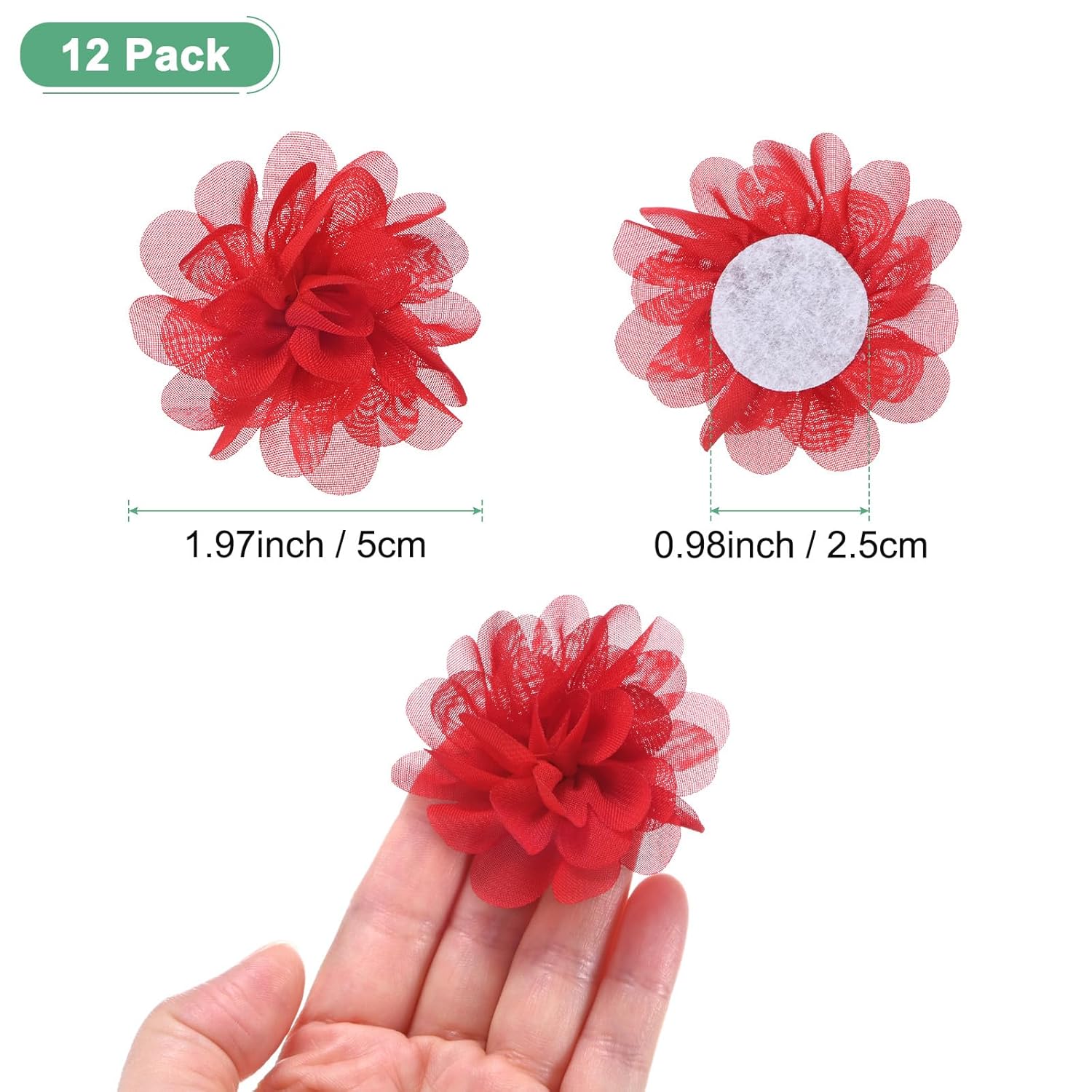 12-Pack Chiffon Flowers 1.97 X 1.97 Inch Mesh Fabric Flowers Full Chiffon Flowers Hair Clips Flower For Home Decor/Wedding/Headbands/Diy/Party/Garden [Bright Red]