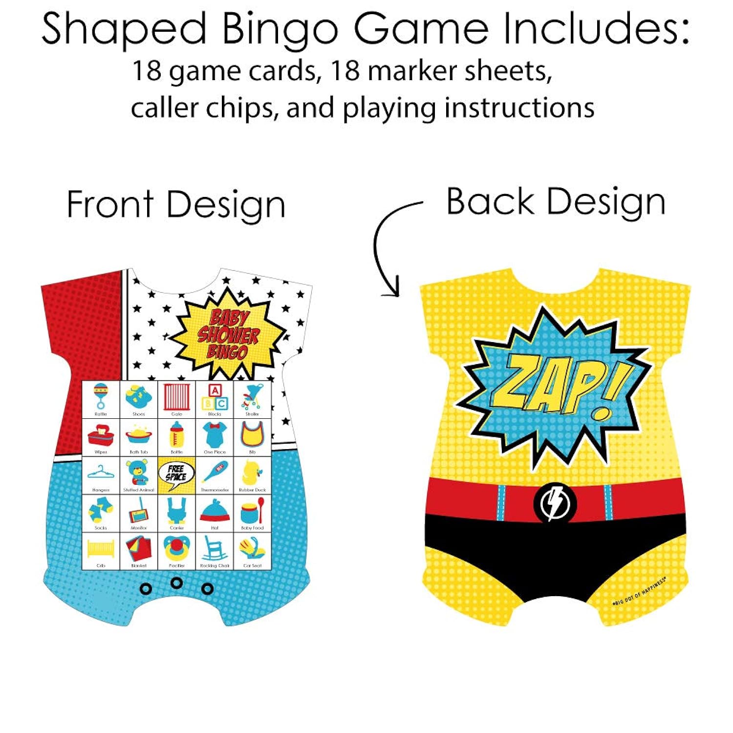 Big Dot of Happiness Bam Superhero - Picture Bingo Cards and Markers - Baby Shower Shaped Bingo Game - Set of 18