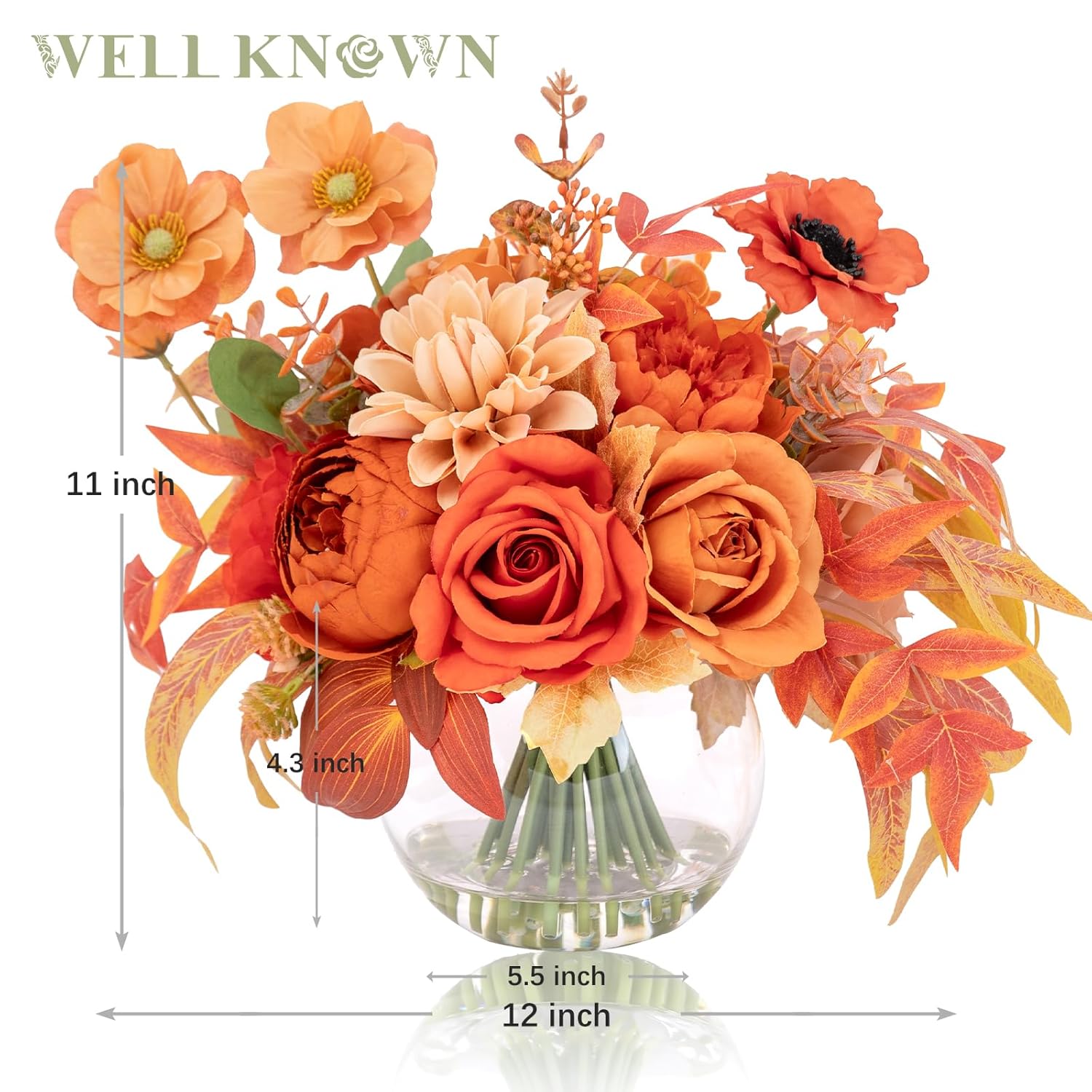 Artificial Flowers In Vase, Silk Rose Peony Dahlia Flower Bouquet Table Centerpieces With Faux Water For Winter Home Decor Fake Flowers Arrangement For Wedding Birthday Party Decor (Orange & Earth)