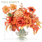 Artificial Flowers In Vase, Silk Rose Peony Dahlia Flower Bouquet Table Centerpieces With Faux Water For Winter Home Decor Fake Flowers Arrangement For Wedding Birthday Party Decor (Orange & Earth)