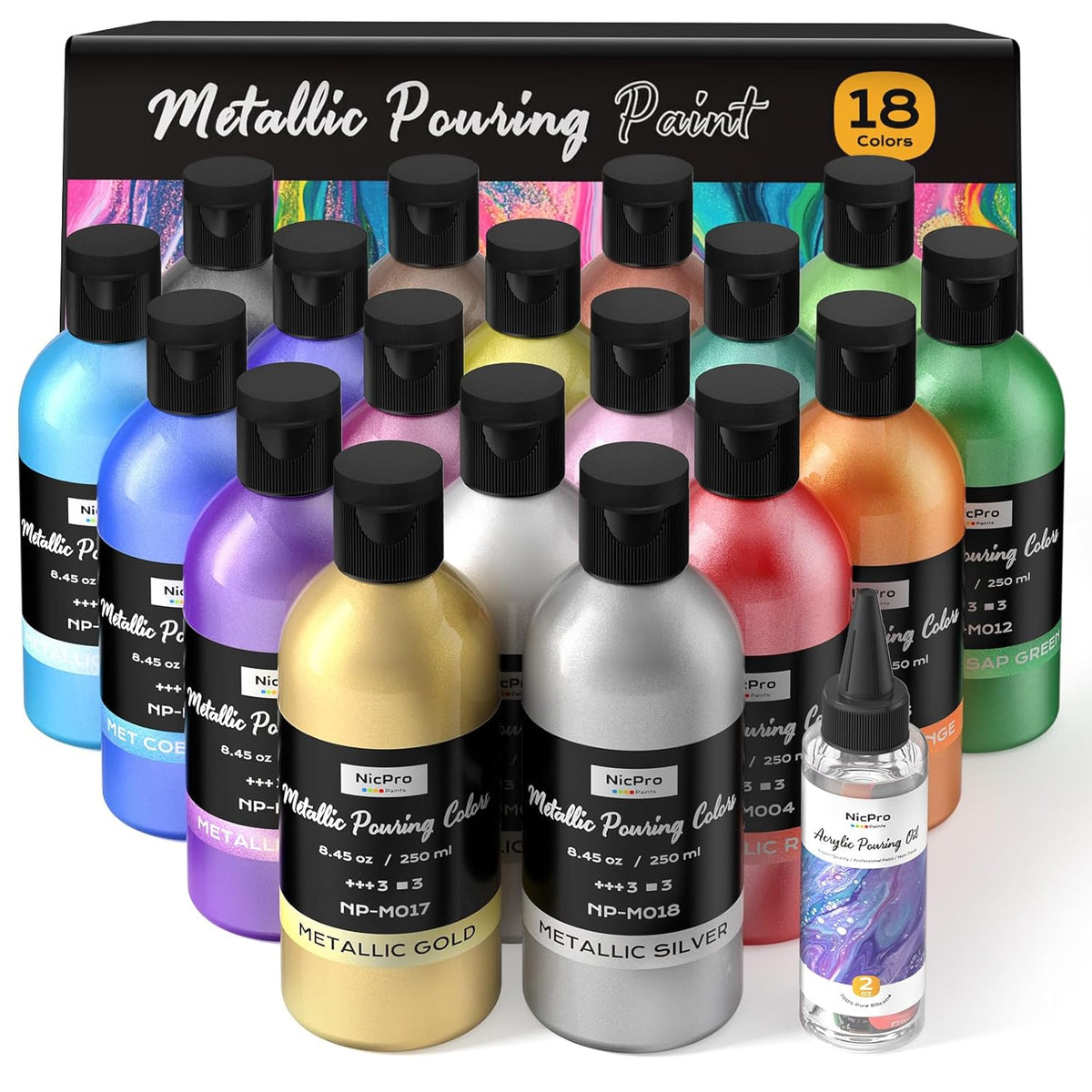 18 Colors 8.45Oz Metallic Acrylic Pour Paint Supplies Kit, Large Volume Ready To Pour Premixed High Flow Pouring Paint Set With Silicone Pouring Oil, Gloves, Instructions For Beginner Diy