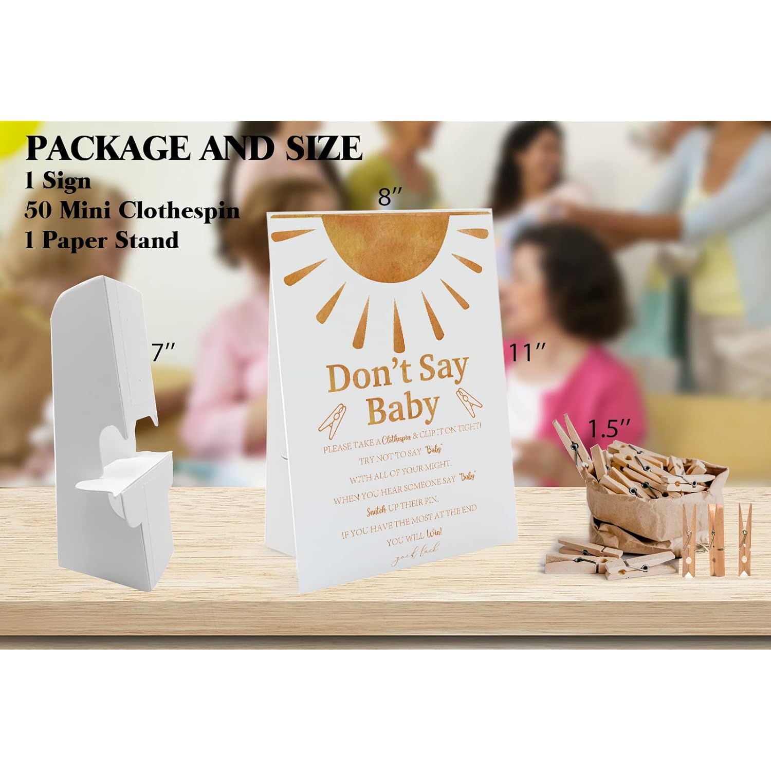 Sunshine Don'T Say Baby Game - 1 Sign & 50 Mini Natural Clothespins, Gender Neutral Boho Baby Shower Game (Ds10)