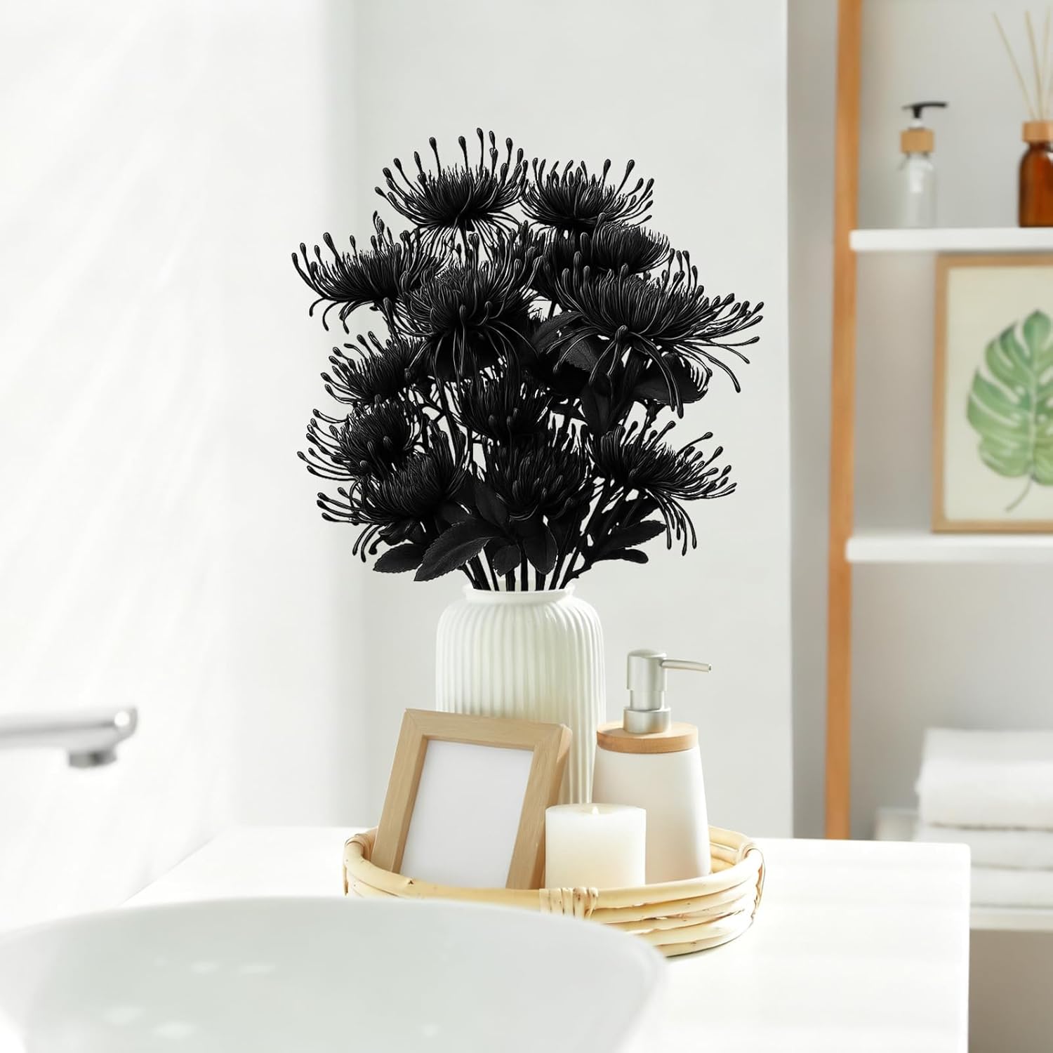 6Pcs Black Artificial Fake Mums Halloween Fall Faux Pincushion Flower Spider Mum Flower For Holiday Table Centerpiece Home Party Decoration
