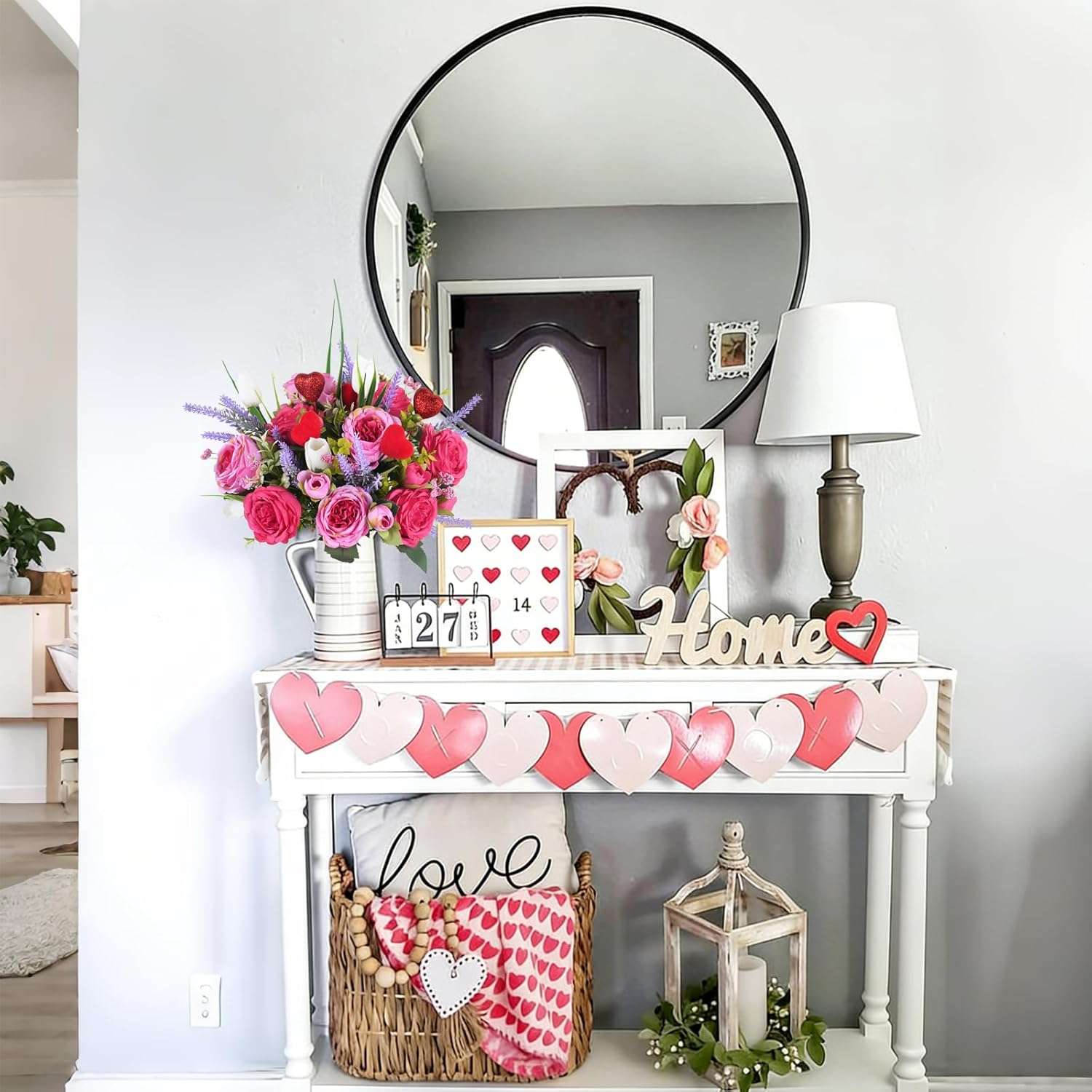 Valentines Day Artificial Flowers Pink Peony Flower Bouquet With White Tulips Spring Floral Arrangement For Valentine’S Day Wedding Party Table Centerpieces Home Decor (12.5")