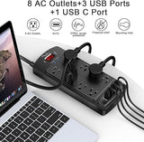 Surge Protector Power Strip with 8 Outlets 4 USB Ports 2700J 6FT Flat Plug Extension Cord Black