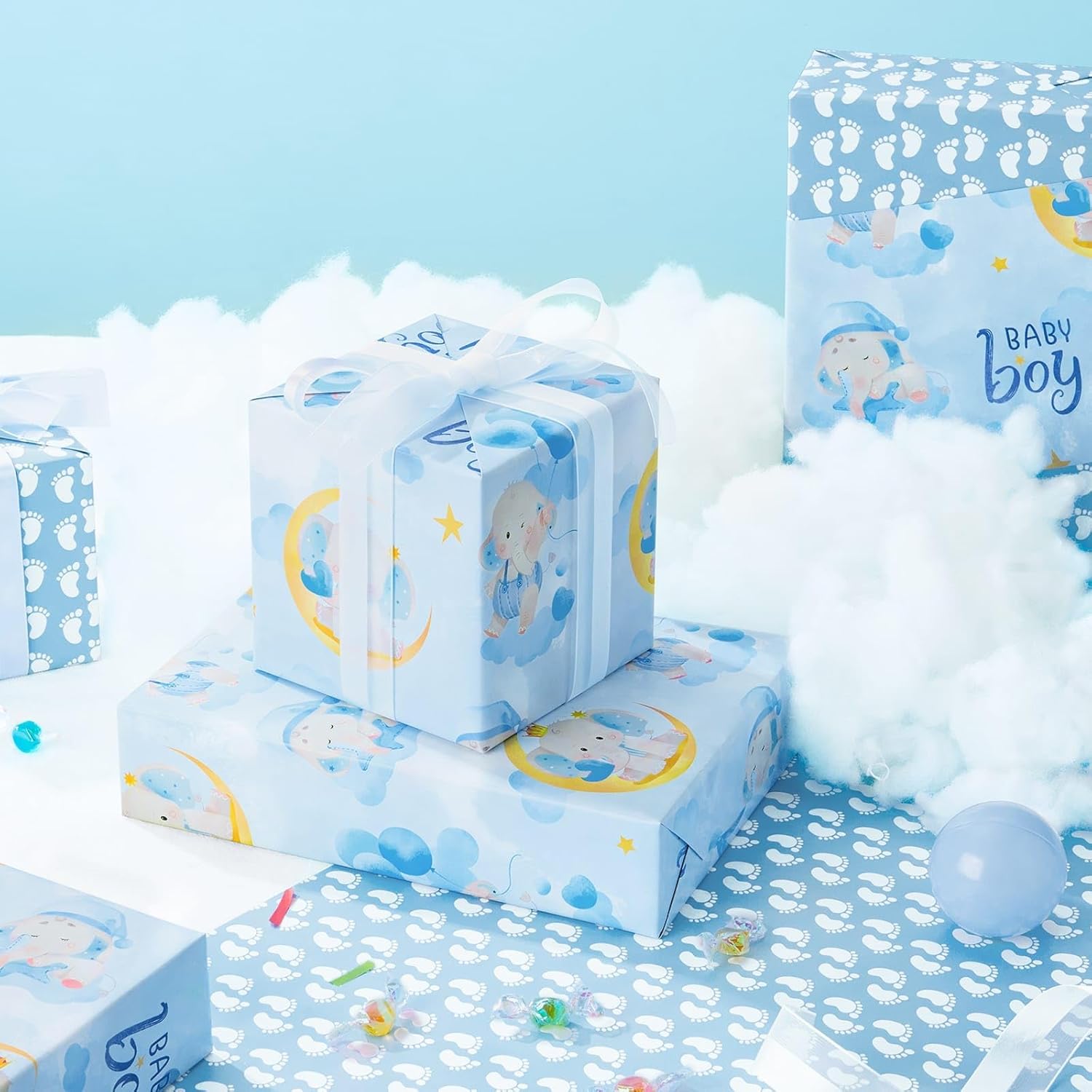Baby Boy Wrapping Paper Roll - 1 Roll 17”X 33 Ft Blue Baby Elephant Wrapping Paper For Kids Birthday Gift Packing Supply Elephants And Footprints Design Paper For Baby Showerparty Favor, Reversible