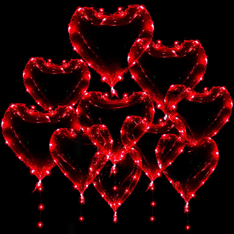 10 Pcs Light Up Heart Led Balloons, Valentines Red Heart Shaped Clear