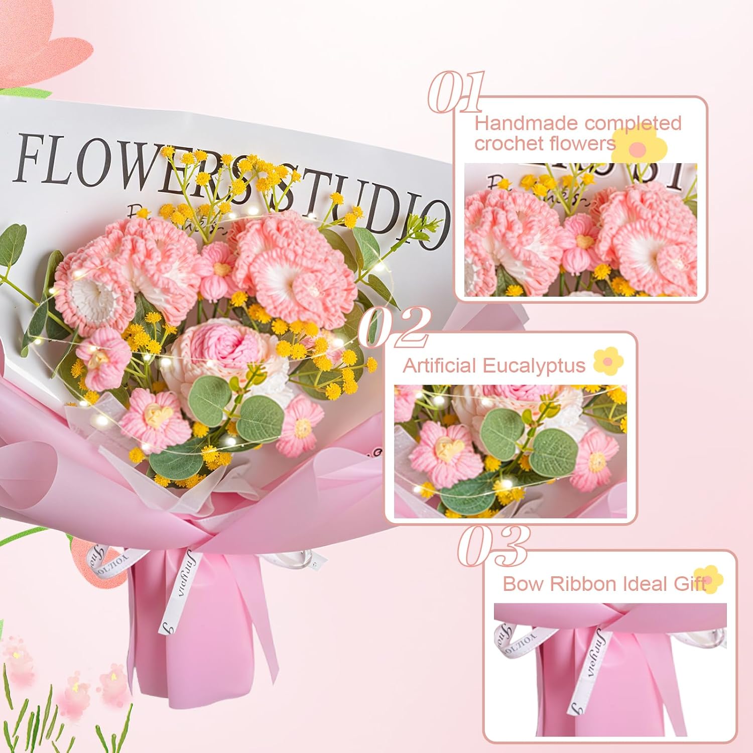 Handmade Crochet Carnation Rose Daisy As A Gift For Mother'S Day, Lover, Friends. Crochet Flowers Bouquet, Knitted Flowers With Led Lights, Artificial Flower Finished Bouquet