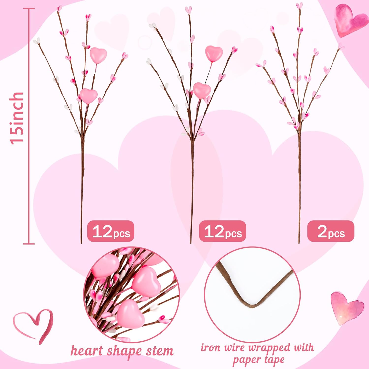 26Pcs Valentines Decorations Pink Heart Picks - Valentine Artificial Berry Stems Decor For Home Vase Table Centerpiece