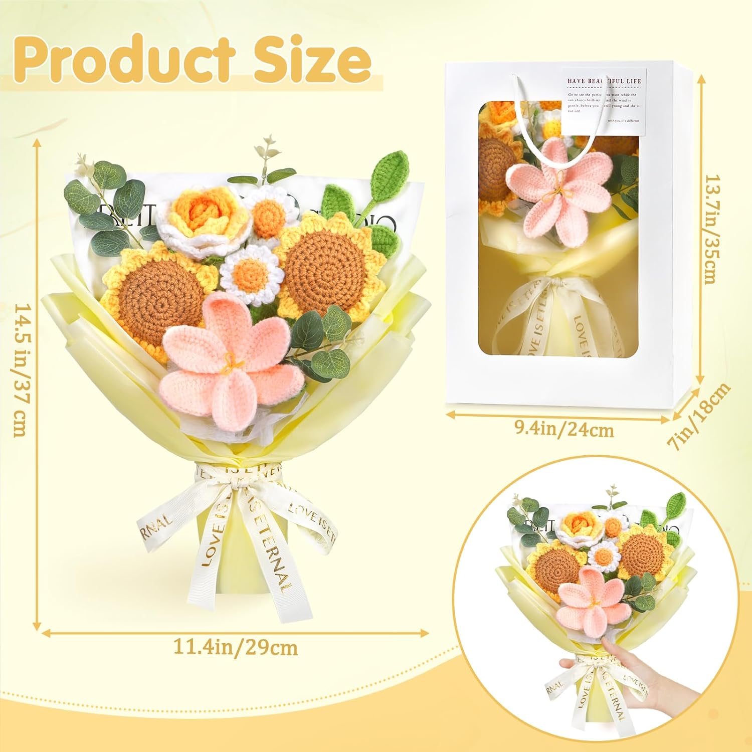 Crochet Flower Bouquet, Handmade Knitted Flowers Crochet Sunflower Finished Bouquet Gift For Her Valentines Day Anniversary Birthday Mother’S Day Women Lover Friends(Yellow)