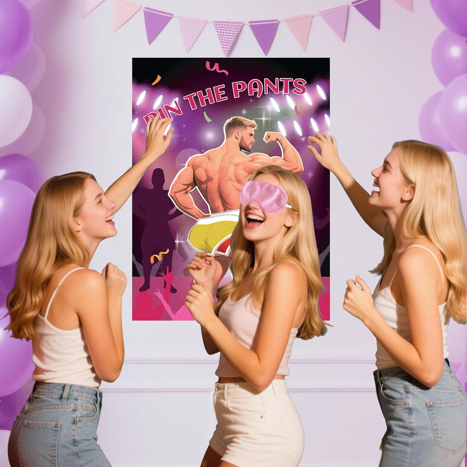 Bachelorette Party Games For Adults Women - Pin The Pants On The Hunk Bachelorette Game, Bridal Shower Games With 24 Stickers & 1 Blindfold For Girls Night Wedding Engagement Party
