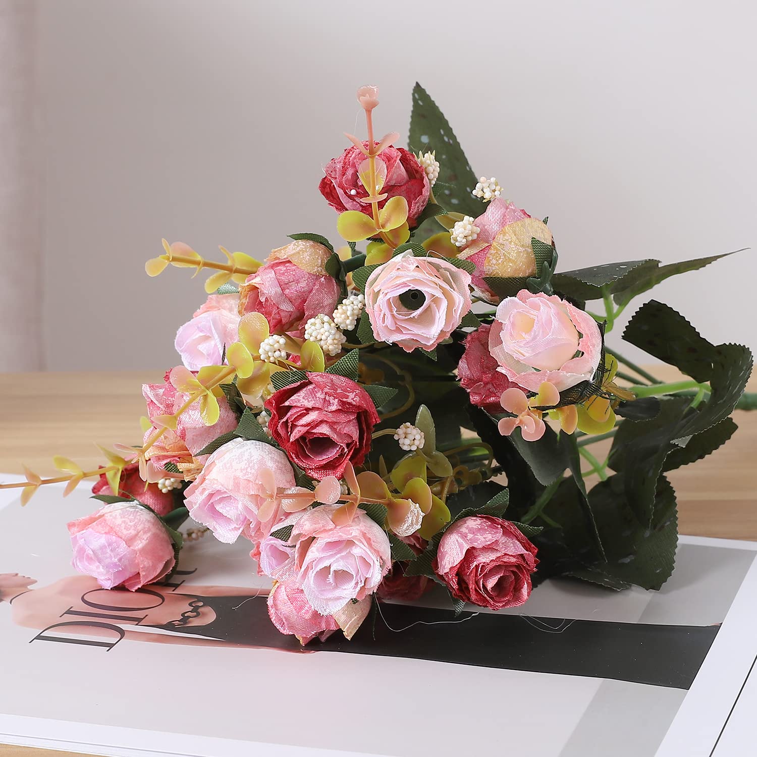 7 Branch 21 Mini Rose Heads Artificial Flowers Bouquet Wedding Home Office Decor,Pack Of 2 (2 Pcs Pink)