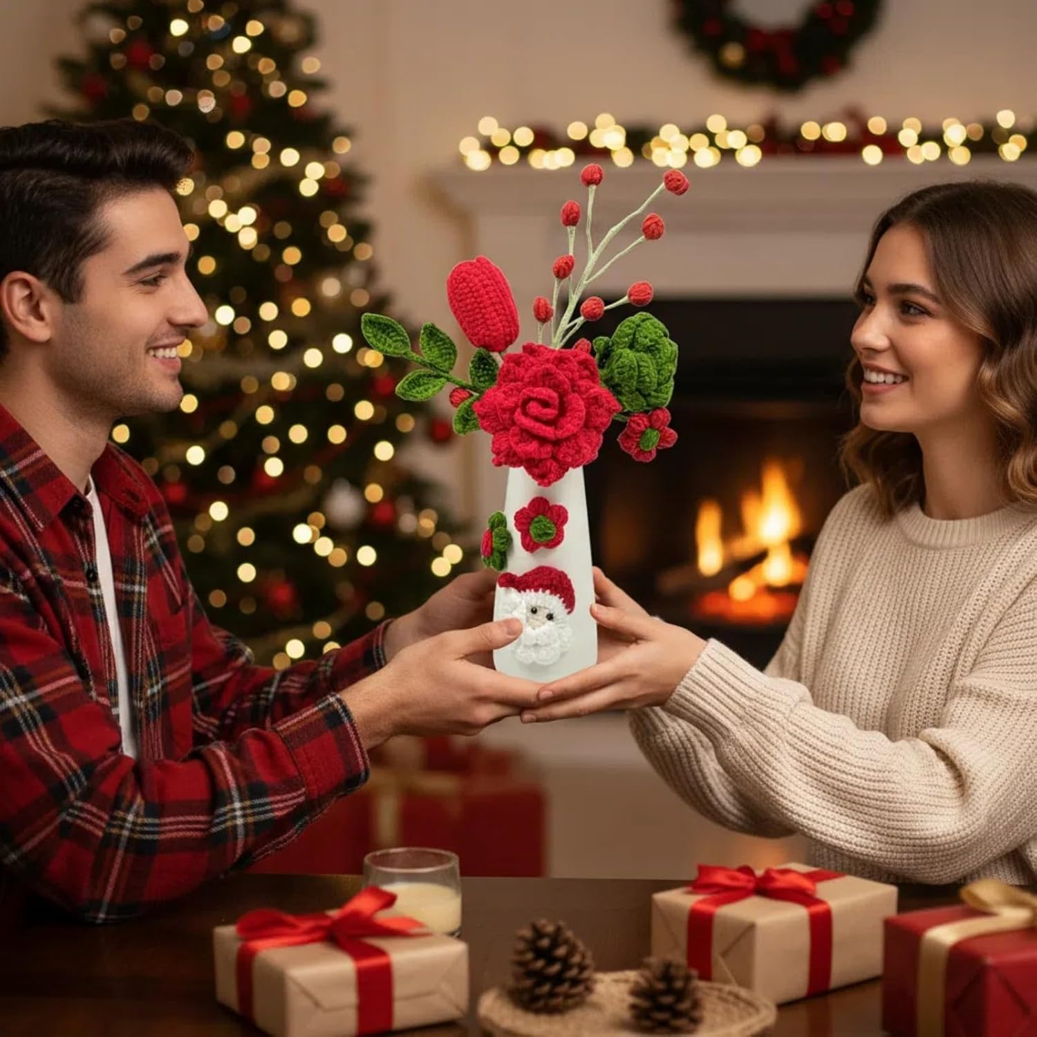 Crochet Christmas Flowers Artificial With Vase For Christmas New Year Decorations, Handmade Gifts Crochet Poinsettia Flowers For Indoor Home Office Table Desk Centerpieces Decor (Red)