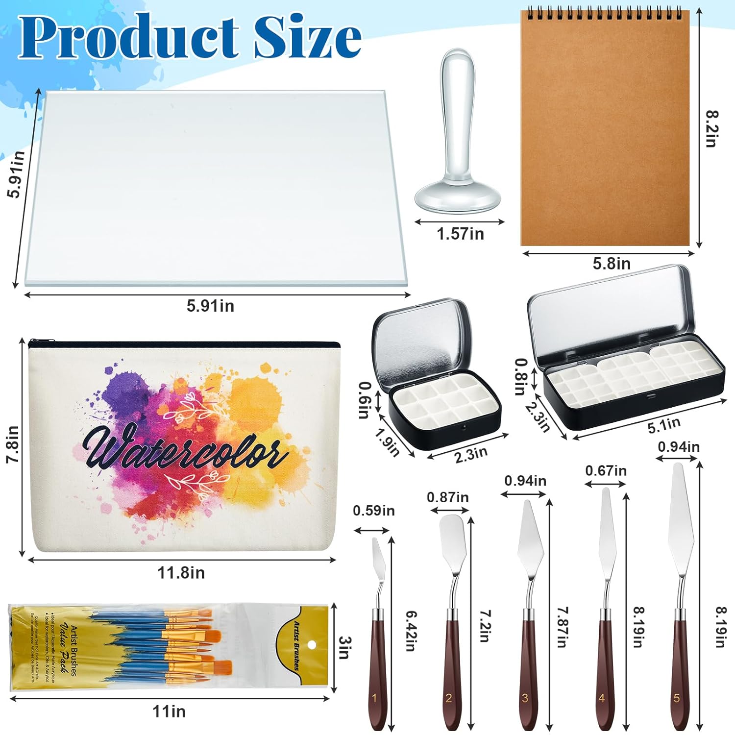 30 Pcs Watercolor Paint Muller Making Tools Set With Glass Muller Paint Watercolor Slab Painting Knives Painting Brushes Palette Tin Cases For Diy Art Oil Acrylic Kit