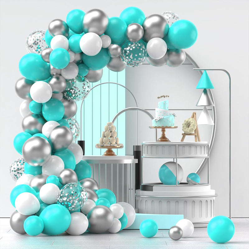 Teal Silver White Balloons Garland Arch Kit, 120 Pcs 12In 10In 5In Met