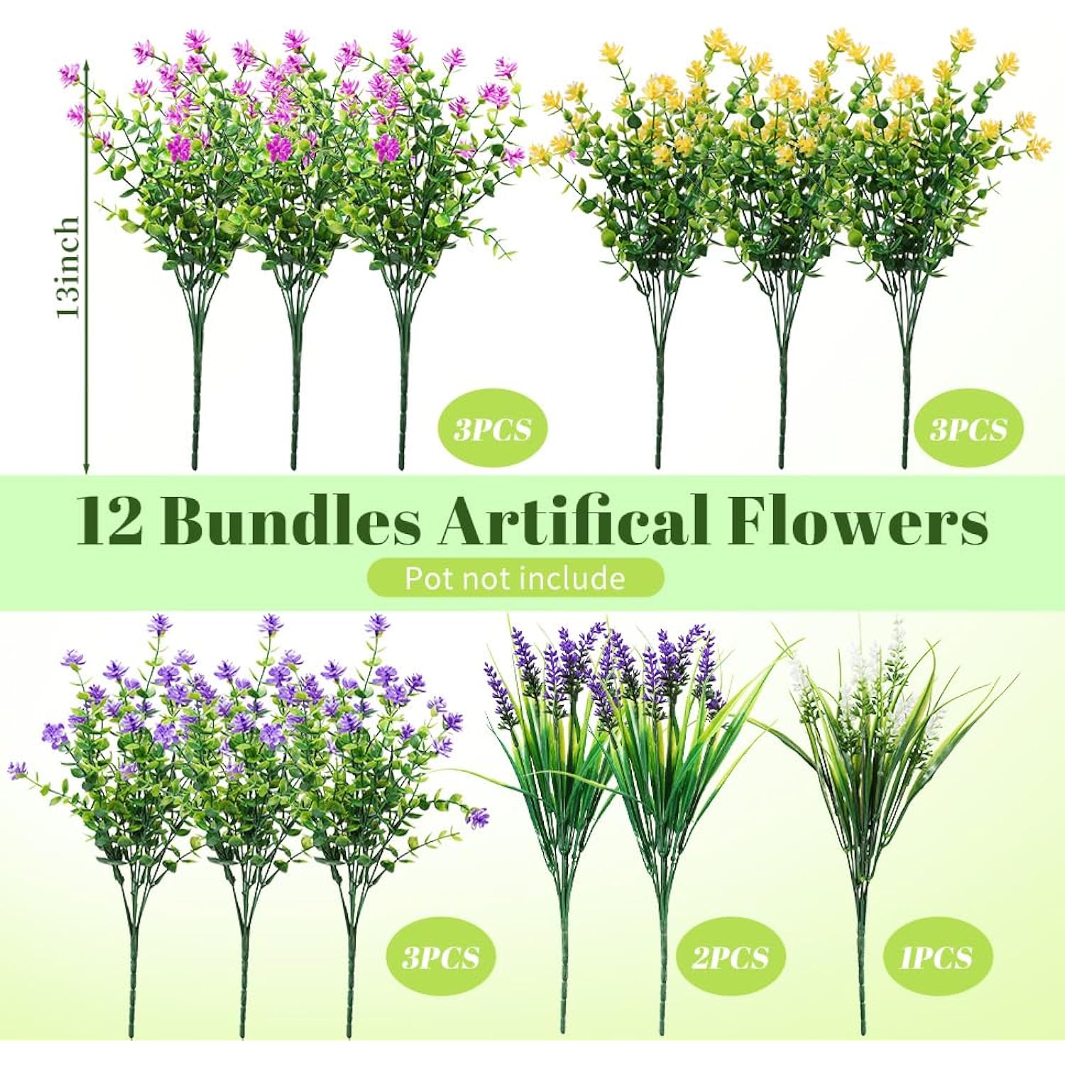 12 Bundles Artificial Flowers For Outdoors Decoration, Uv Resistant Eucalyptus Faux Flowers Fake Plants No Fade Plastic Greenery Shrubs Home Porch Outside Spring Summer Garden Decor