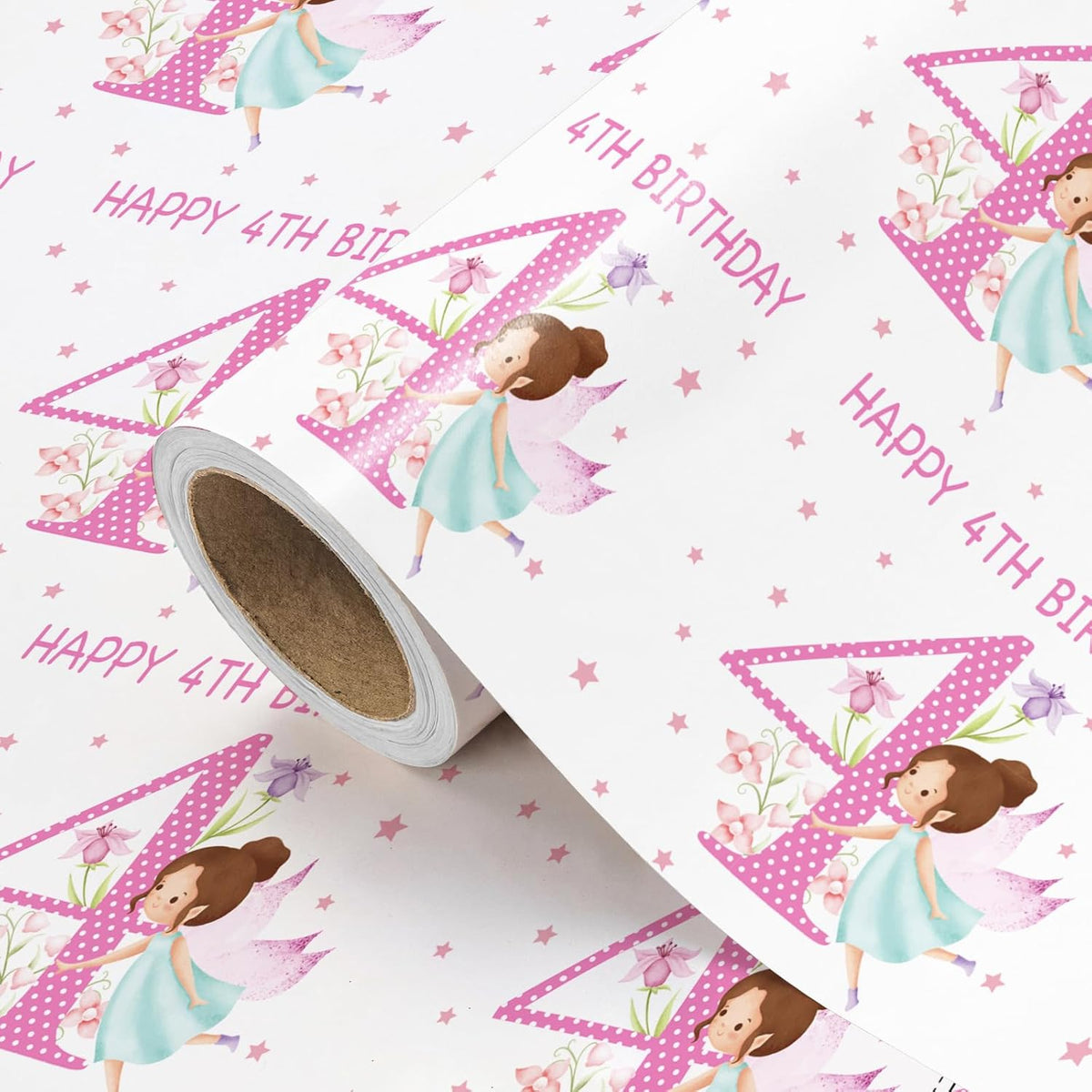 Girls 4Th Birthday Wrapping Paper Roll - Mini Roll - 17 Inch X 16.5 Feet - Girl Fairy Happy 4Th Birthday Wrapping Paper Perfect For Kids Girls, Baby Shower, Party