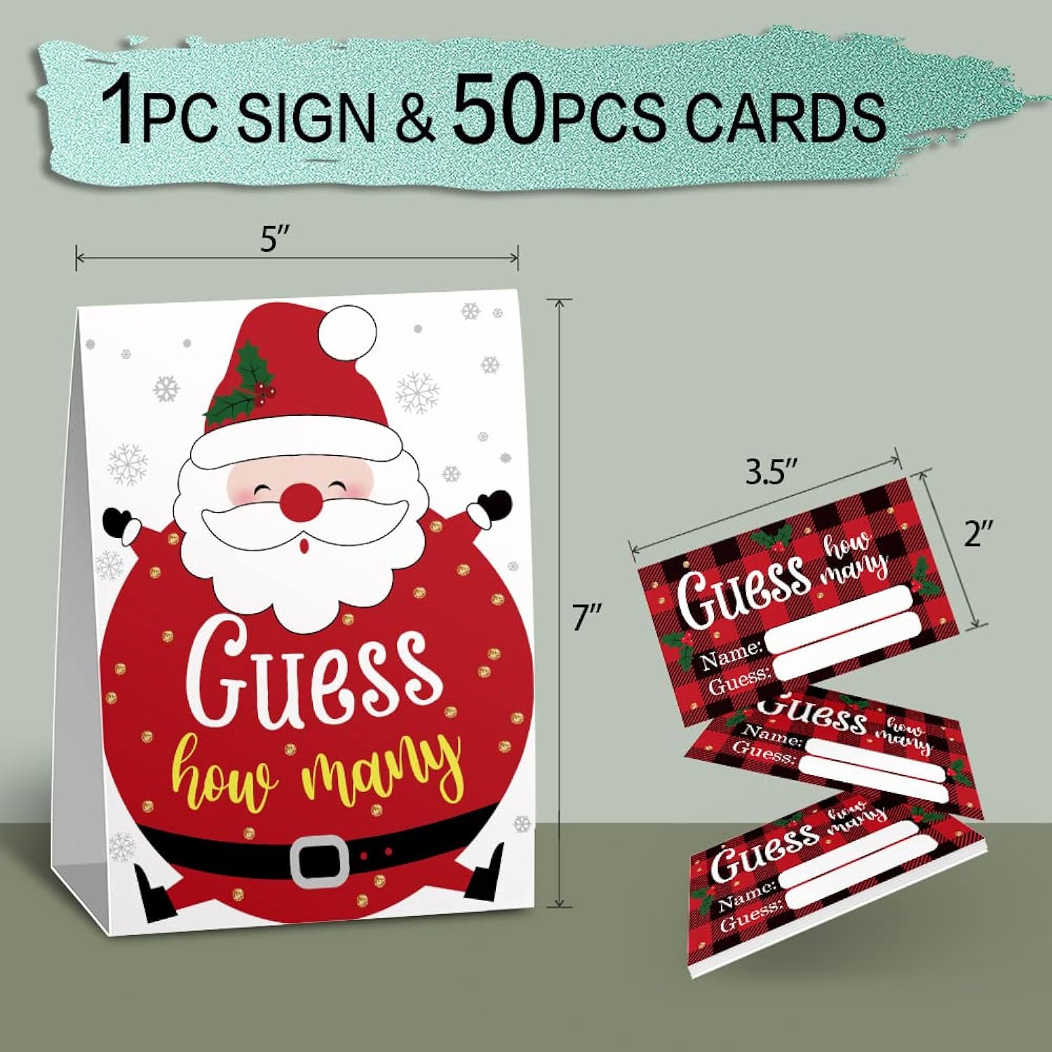 Guess How Many Christmas Theme Party Game Cards Kit (1 Standing Sign + 50 Guessing Cards), Funny Circular Santa Claus Theme Party Game Cards Festive Activity Party Raffle Insert Ticket