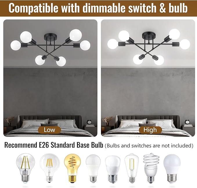 6 Light Modern Sputnik Chandelier Semi Flush Mount Ceiling Fixture for Living Room
