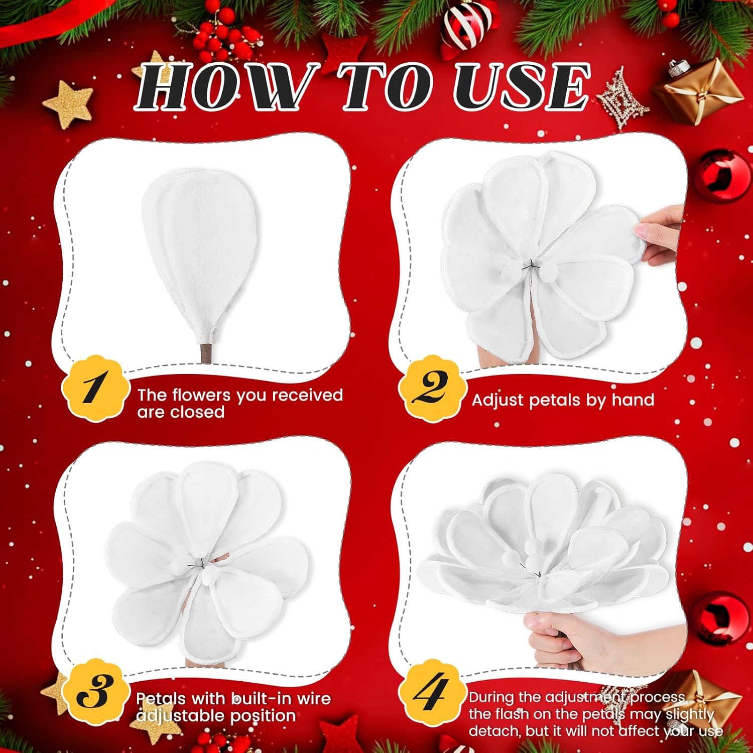 10 Pcs Large 10 Inch Artificial Velvet Poinsettia Christmas Flowers Poinsettia Christmas Decor Artificial Magnolia Flower Ornament With Stem For Xmas Tree Wreath Holiday Wedding Party(White)