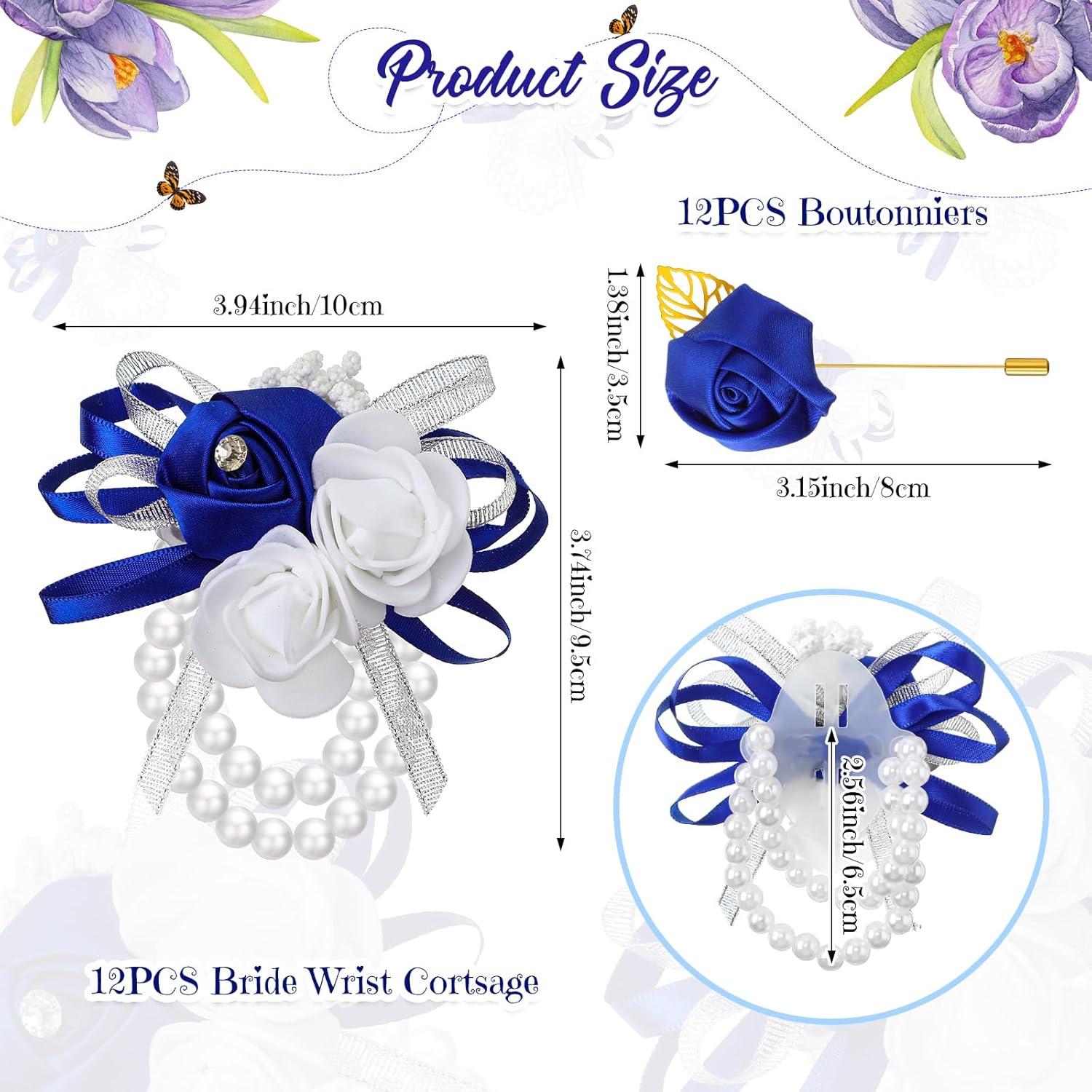 24 Pcs Wrist Corsage And Men'S Boutonniere Set For Wedding Wristlet Corsage Hand Flower For Mother Of Bride, Bridal, Bridesmaid Suit Decorations (Royal Blue)
