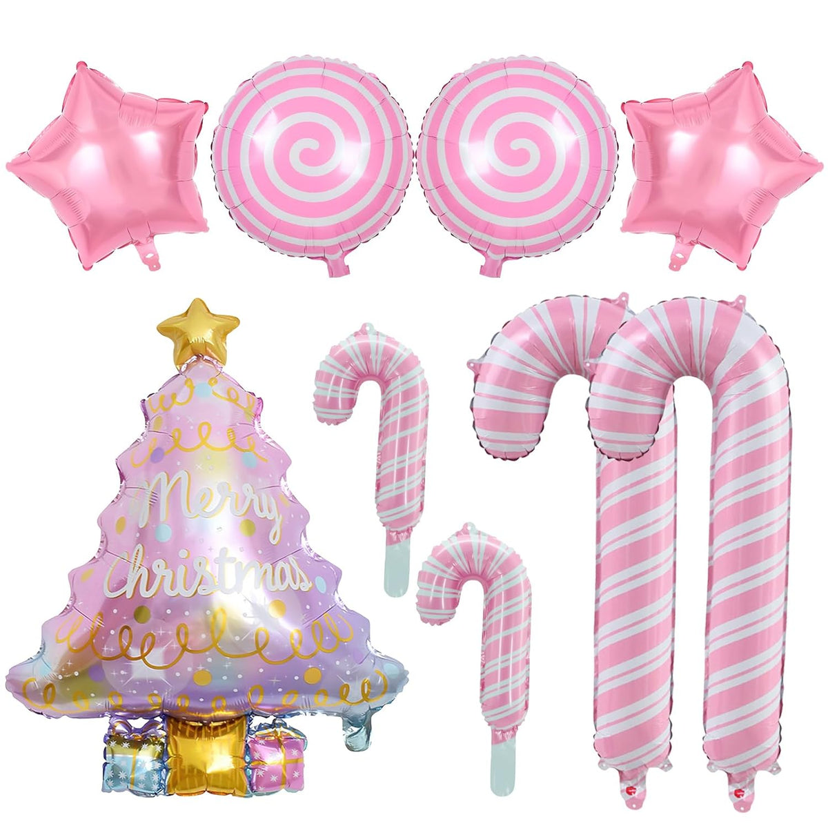 9Pcs Pink Christmas Balloons Decorations, Christmas Tree Balloon, Candy Cane Foil Balloon For Xmas Party New Year Birthday Party Supplies
