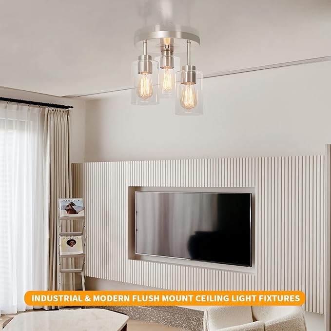 3 Light Brushed Nickel Ceiling Light Clear Glass Semi Flush Mount Modern Fixture