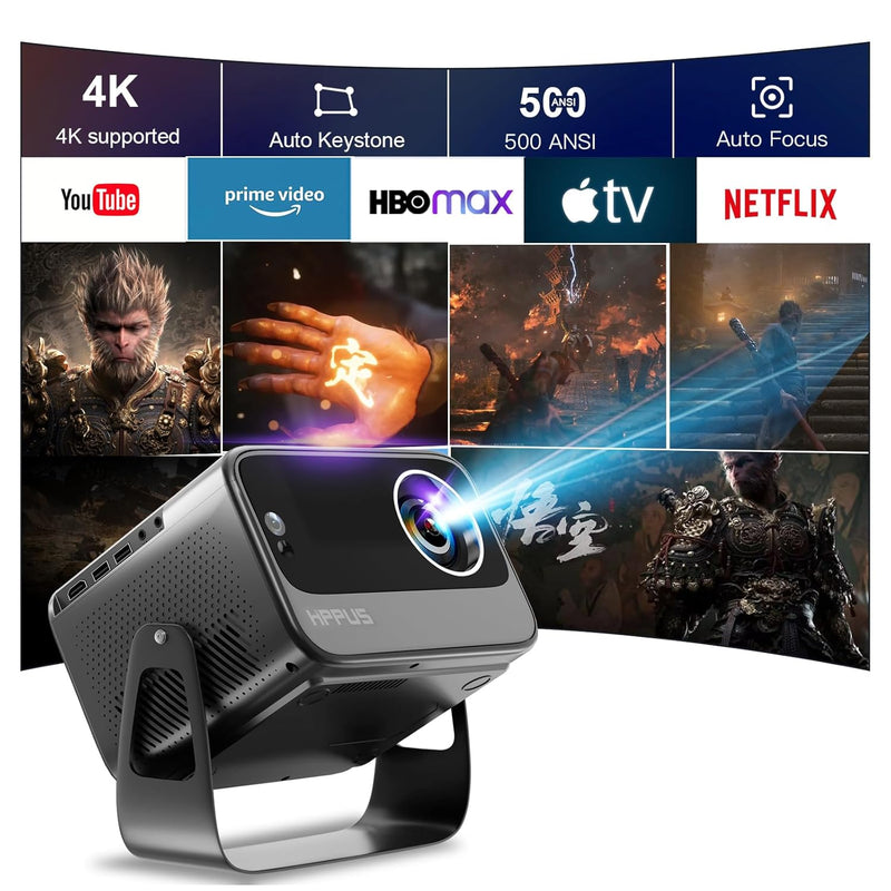 Smart Projector 4K - Auto Focus, 1080P, WiFi 6, Bluetooth, 500 ANSI, Grey