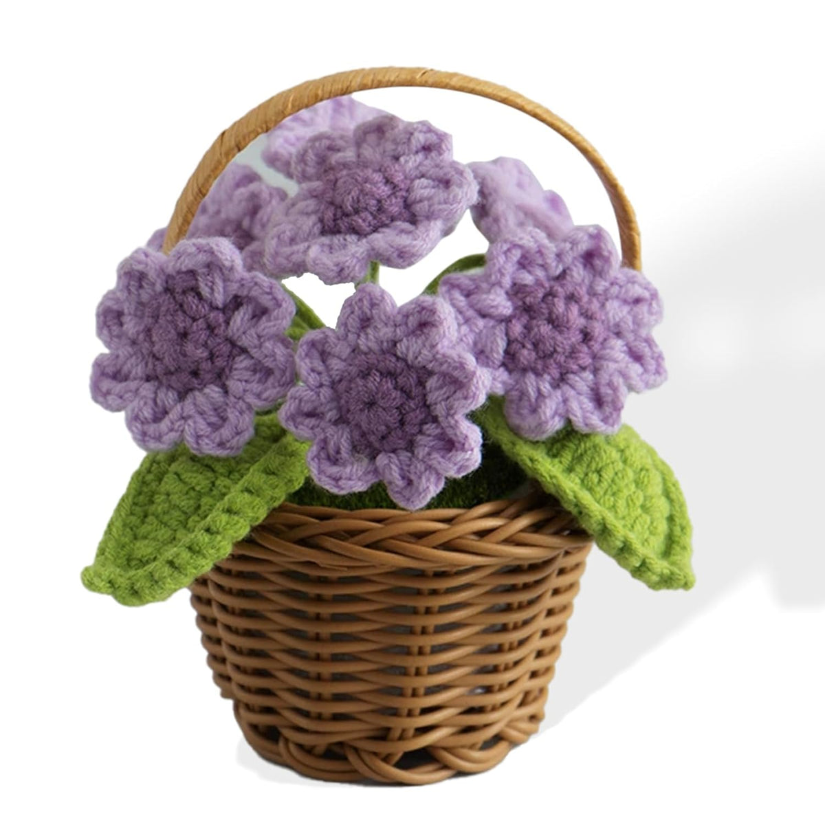 Handmade Crochet Flowers Basket – Positive Crochet Plant Arrangement, Fake Flowers Bouquet For Office Desk, Cool Gifts For Coworkers, Cute Desk Decor, Feel Better Gifts For Women (Purple)